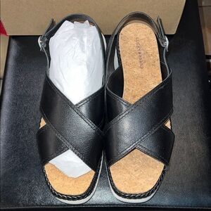 Lucky Brand Black Leather Cross-Strap Sandals